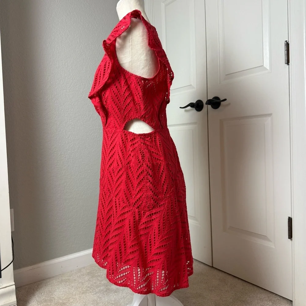 Bardot Kira Red Eyelet Ruffle Dress Size 10/L - Picture 8 of 14